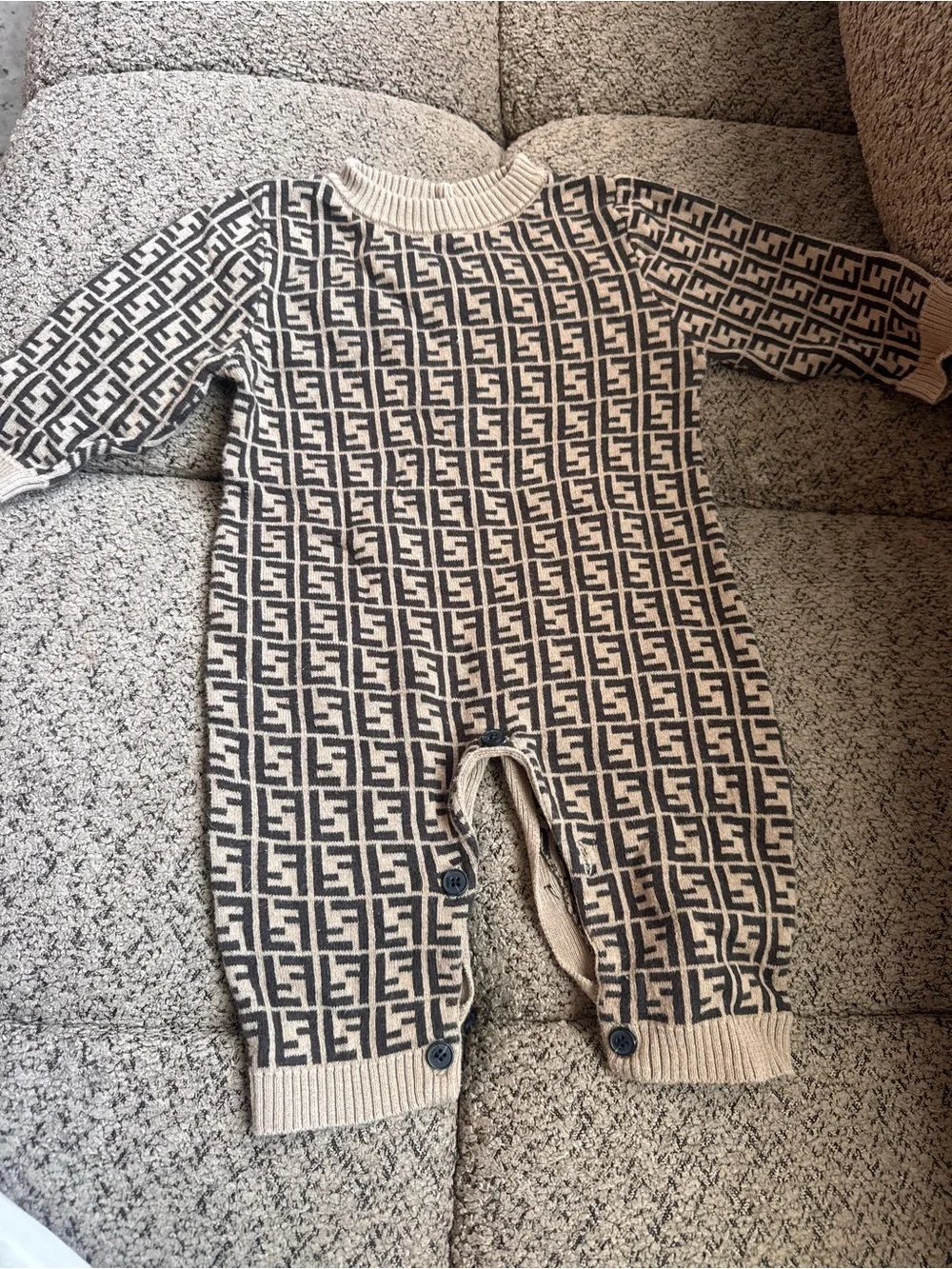 Fendi Beige & Black All-Over Logo Knit Baby One-Piece